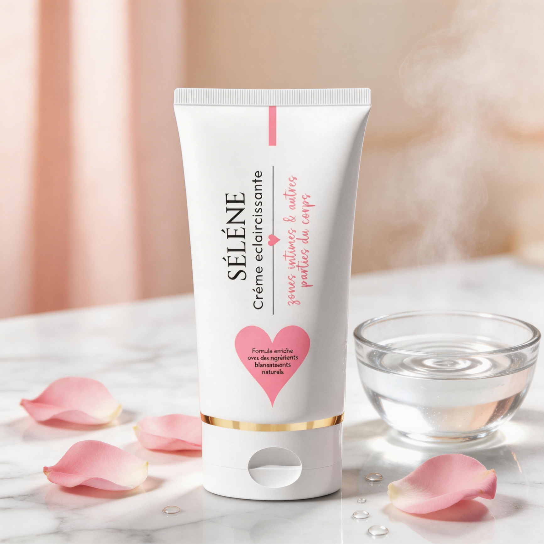 Crème Sélène – tube blanc avec détails roses et dorés sur marbre